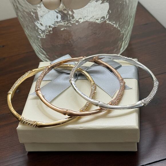 Napier Set of 3 Bangle Bracelet Set (Tri Tone- Rose, Gold, Silver) Slip on 3" - Picture 1 of 6